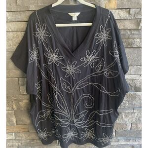 CJ Banks Black Sleeveless V Neck Top 2X‎ Embellished Embroidery Detail